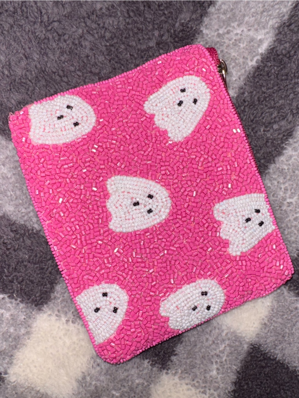 Mud Pie Hot Pink Beaded Ghost Coin Pouch